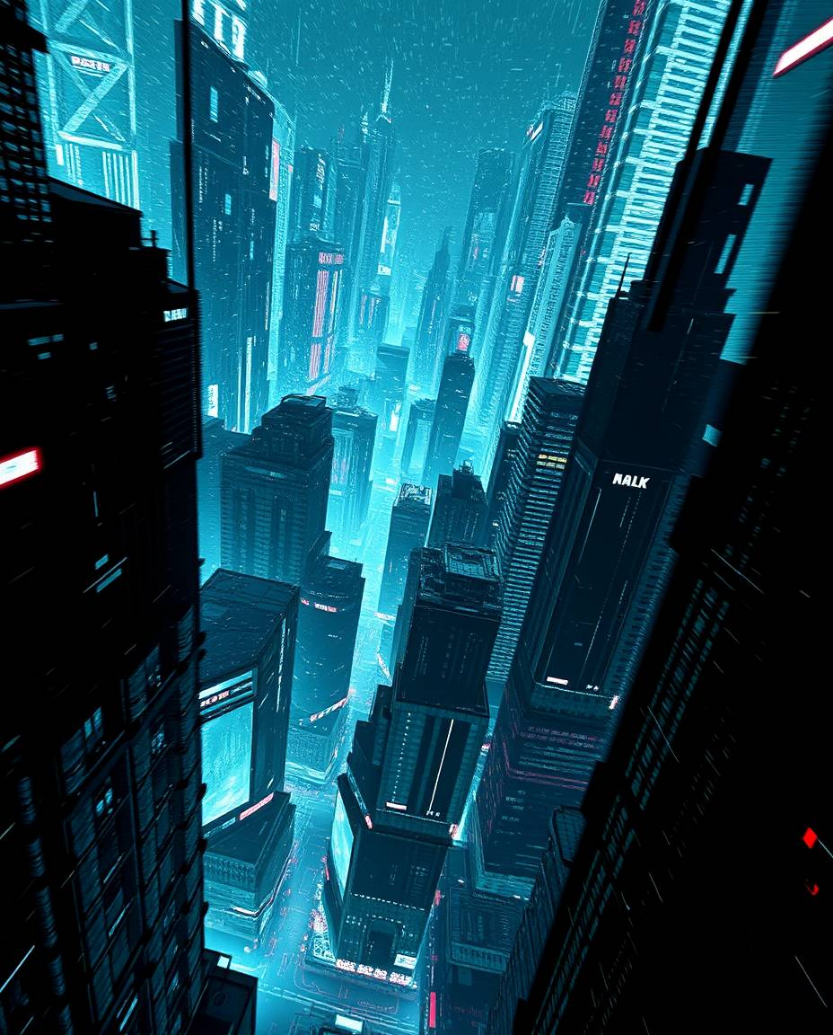 Explore a captivating high-angle perspective of a glitchy digital landscape, showcasing distorted skyscrapers and mesmerizing