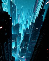 Explore a captivating high-angle perspective of a glitchy digital landscape, showcasing distorted skyscrapers and mesmerizing