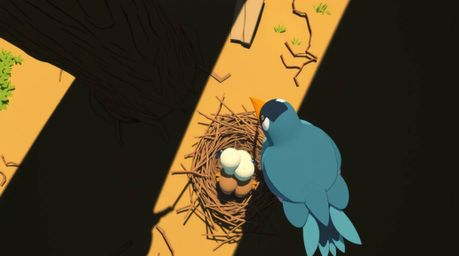 A captivating overhead shot showcases two cartoon birds diligently building a nest. Rendered in a classic animation style wi