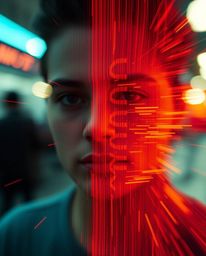 A captivating long exposure photograph showcases a digital glitch transforming a human face into a vibrant data stream.  Warm