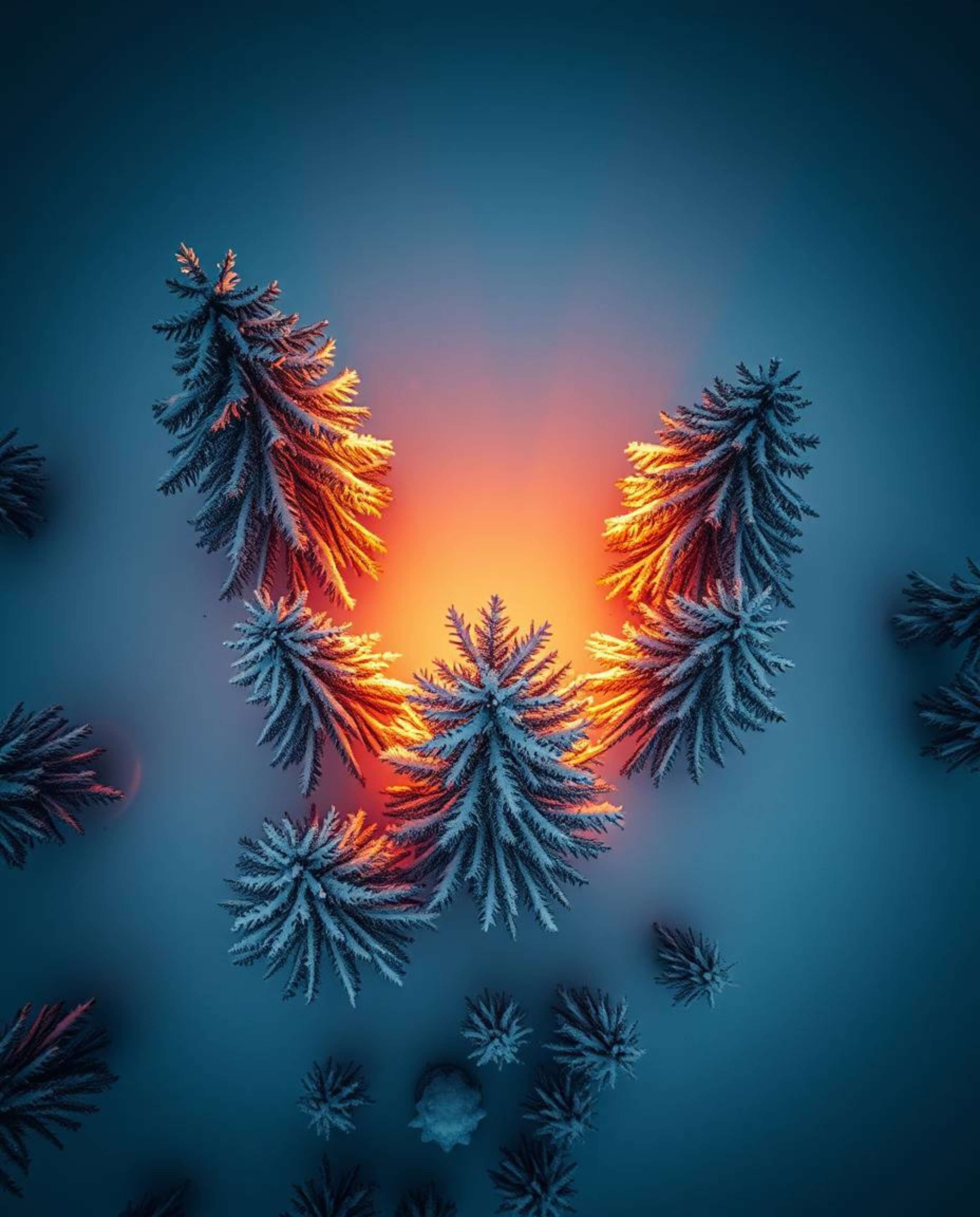 An overhead bird’s eye view photograph captures the stunning sight of sunset light sparkling on snowy pine trees. The scene i
