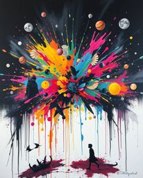 Explore a dreamlike and surreal abstract painting featuring a vibrant explosion of colorful paint splashes on a crisp white c