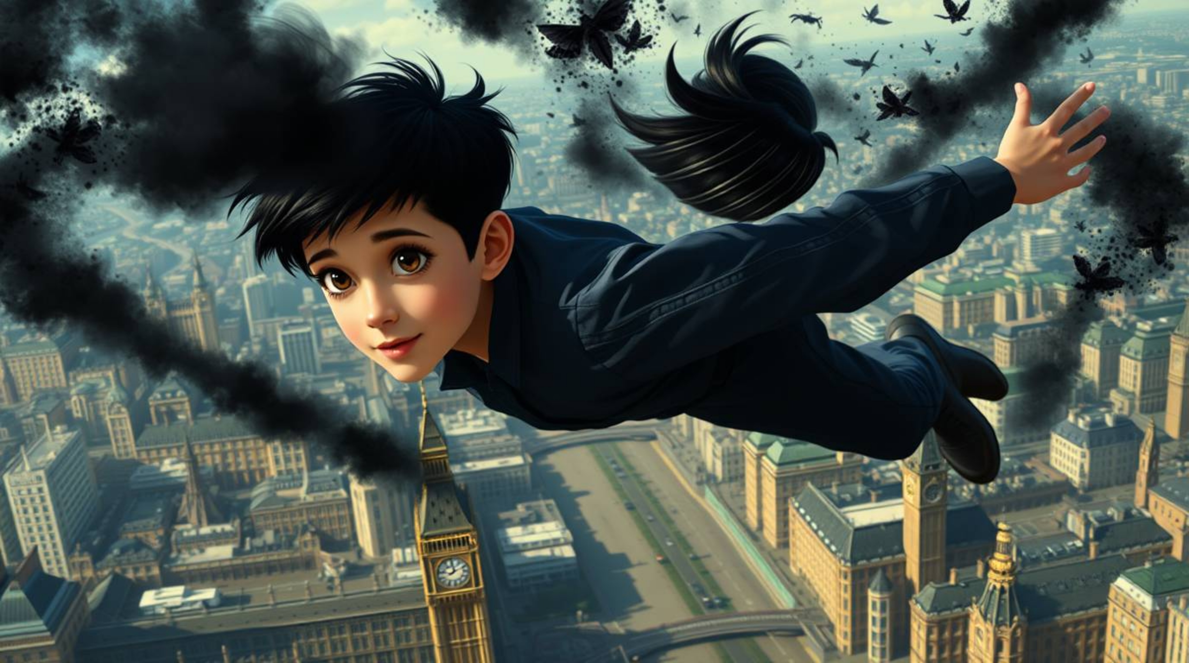 A young boy with striking features and pure black hair soars above the detailed London cityscape, surrounded by intense, jet-