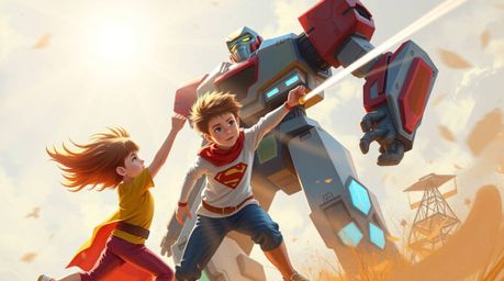 A dynamic digital painting showcasing three superpowered children in an intense battle against a formidable robot. The artwor
