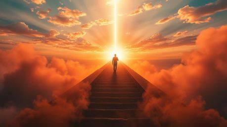A solitary figure ascends a stone staircase, drawn towards a divine beam of light piercing through a smoky sunset sky. The sc