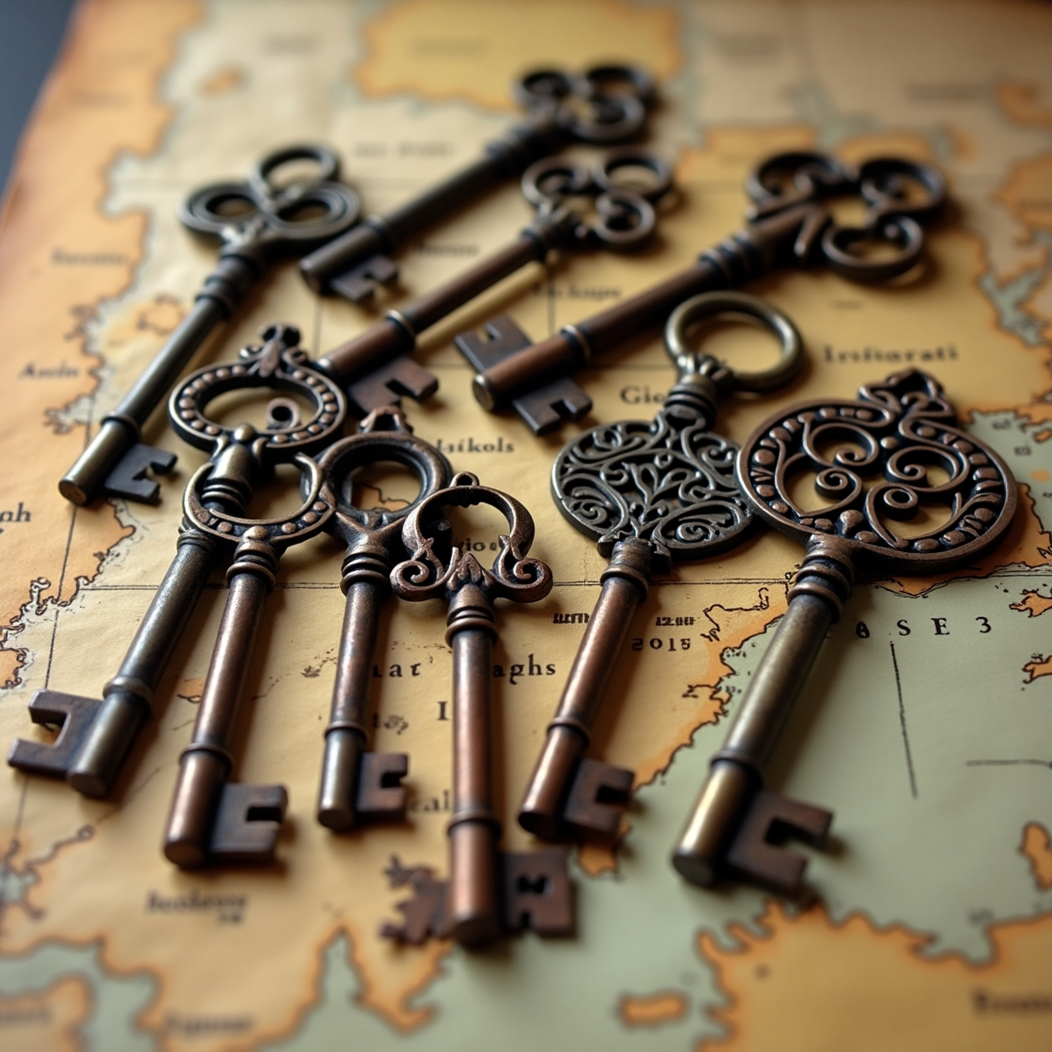 A collection of vintage keys with ornate patterns and rusted patina sits atop a worn, yellowed map, hinting at forgotten jour