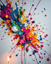 Immerse yourself in a world of high-detail abstract art, featuring a vibrant explosion of colorful paint splashes against a p