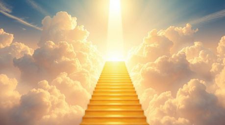 A stunning digital painting showcases a golden staircase ascending through ethereal clouds towards a radiant heaven. Sunlight