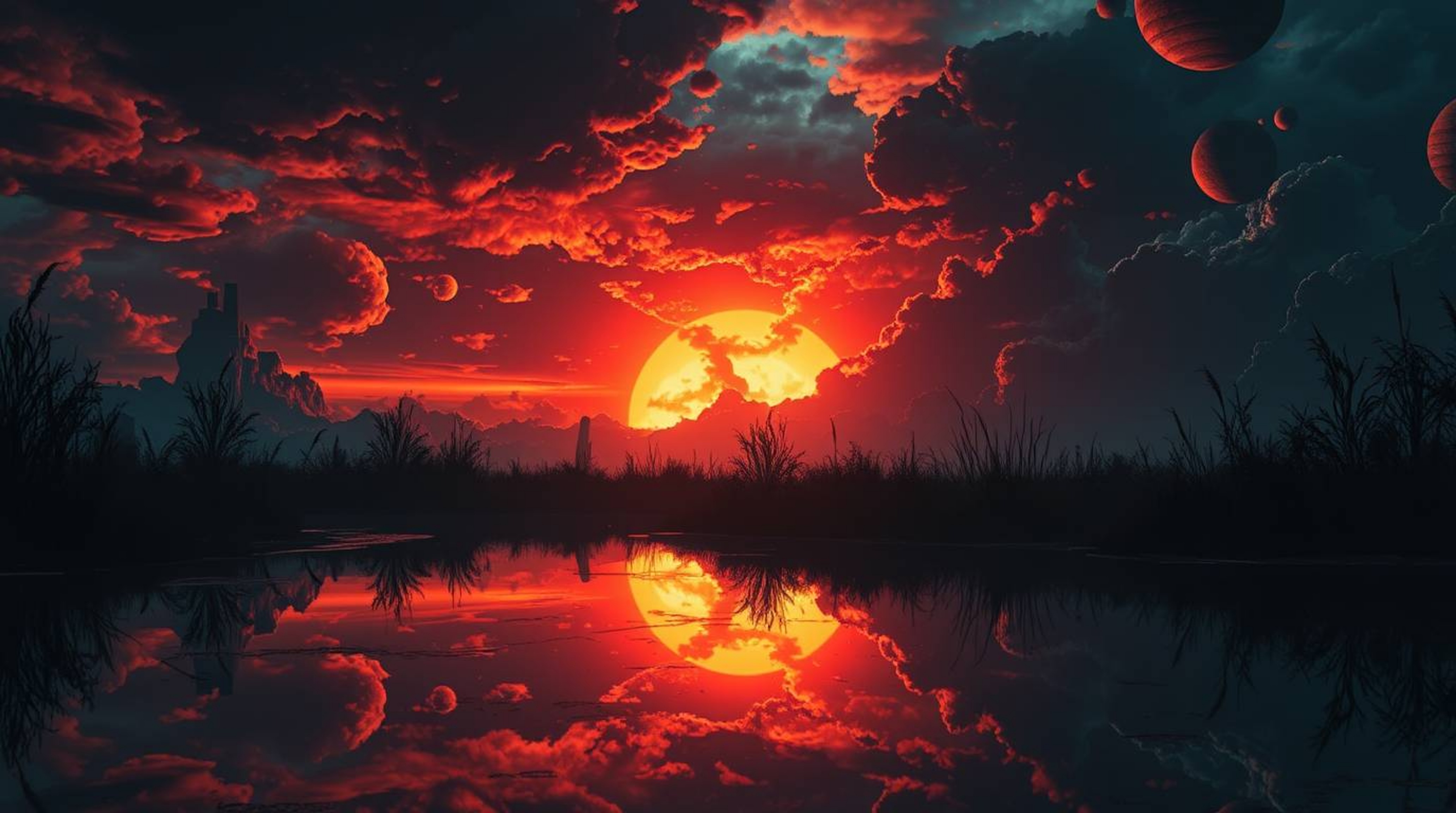 A captivating image depicting a futuristic sci-fi scene.  The intense colors of a stormy sunset are dramatically reflected in
