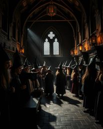 Discover a captivating bronze sculpture depicting a magical school brimming with young wizards.  The high-contrast, low-key l