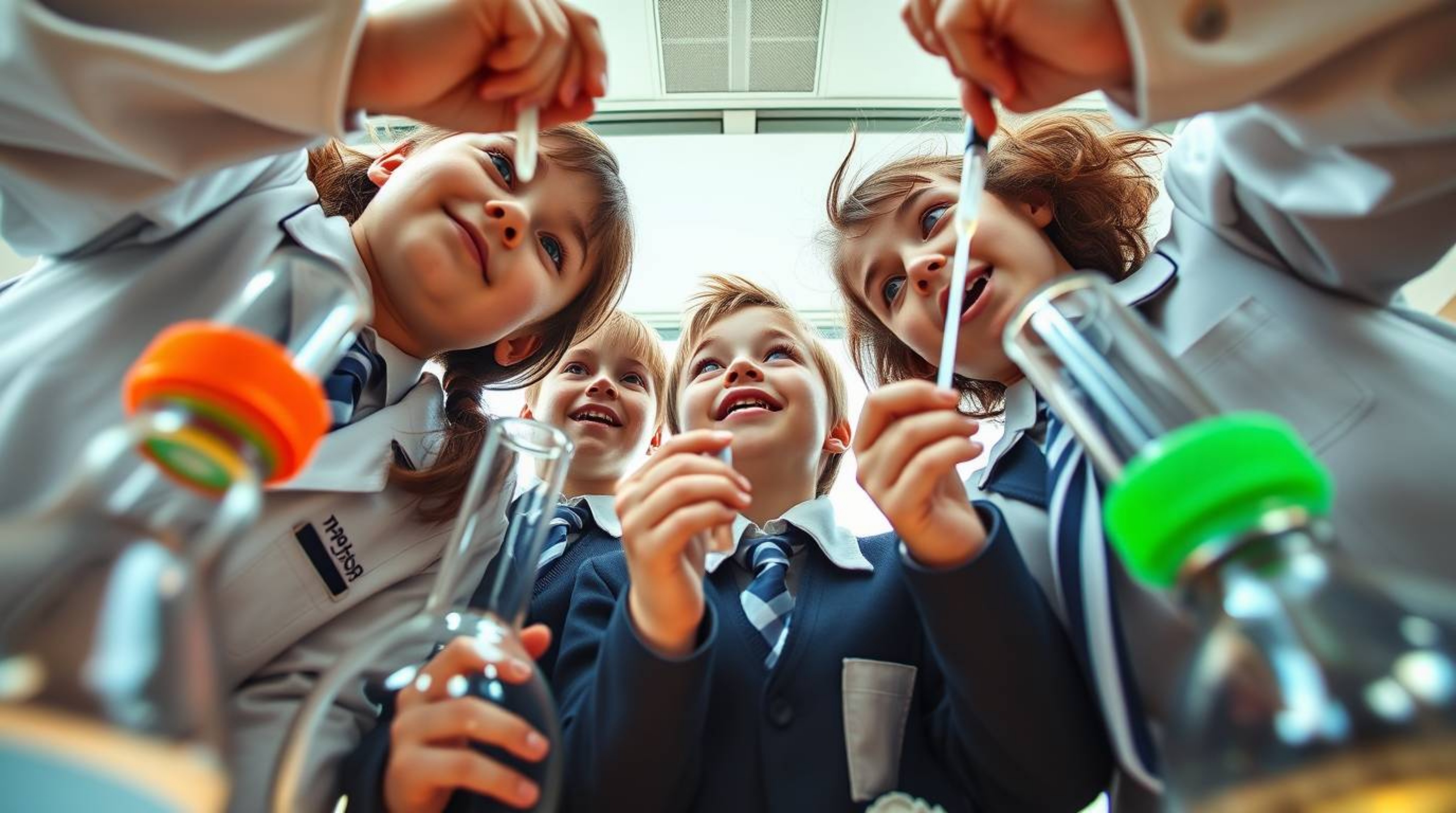 High-resolution stock photo depicting quirky children in crisp school uniforms, engrossed in exciting scientific experiments.