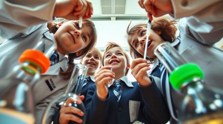 High-resolution stock photo depicting quirky children in crisp school uniforms, engrossed in exciting scientific experiments.