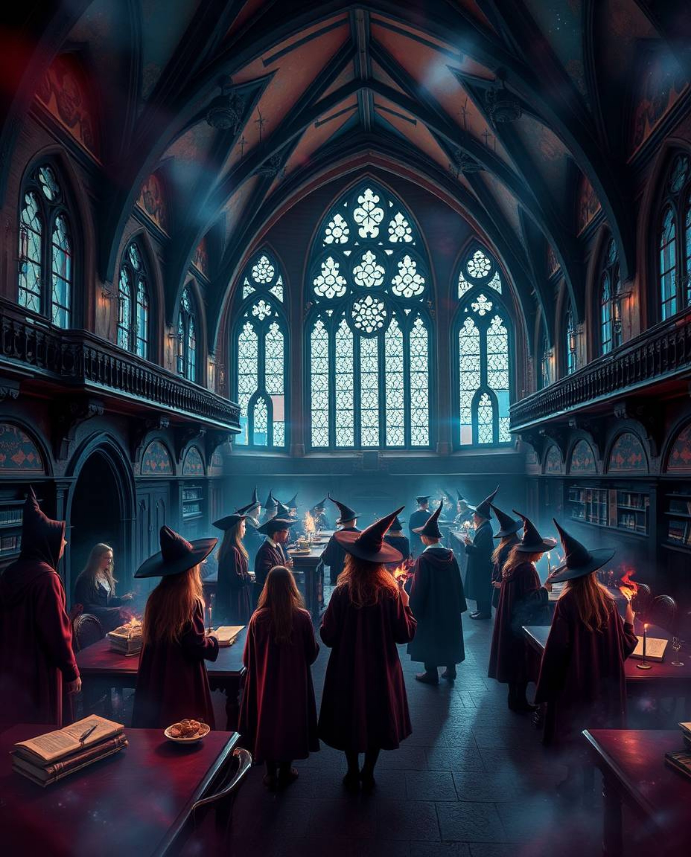 Step into a magical school brimming with young wizards, where the mystic and enchanting environment creates a dreamlike atmos