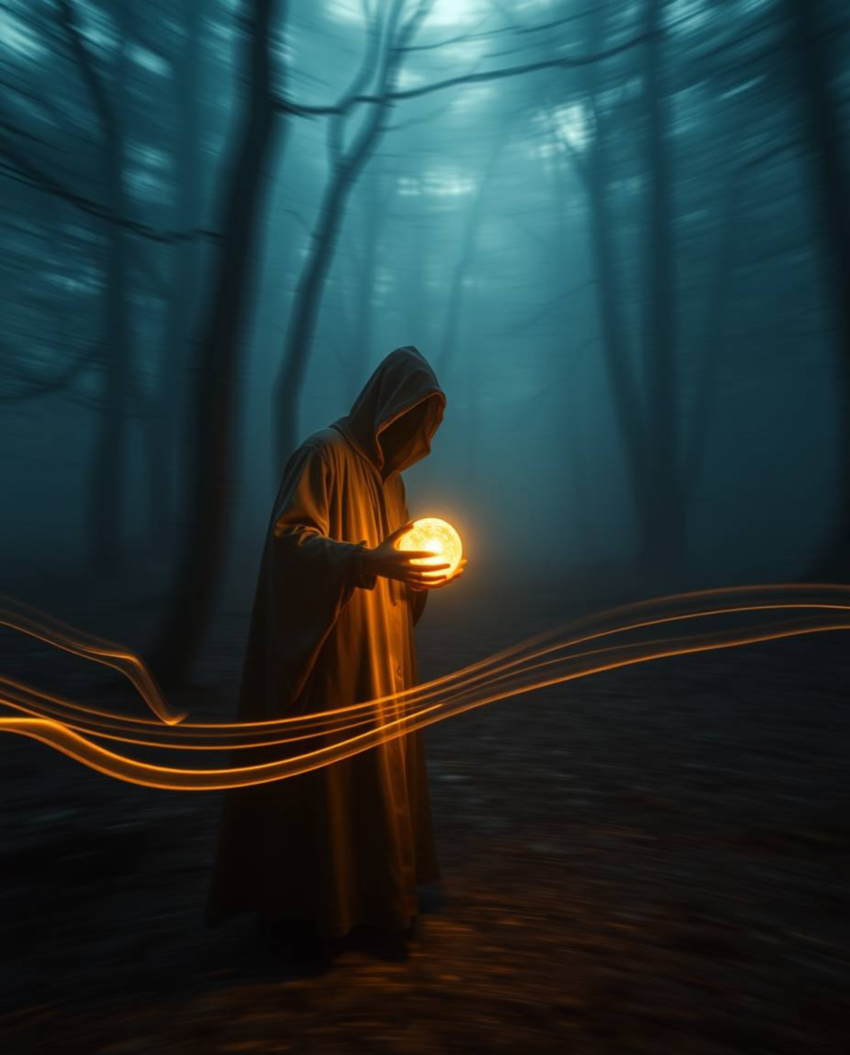 A captivating long-exposure photograph showcases a cloaked figure amidst a misty forest, holding a glowing orb. The technique