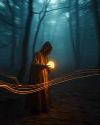 A captivating long-exposure photograph showcases a cloaked figure amidst a misty forest, holding a glowing orb. The technique