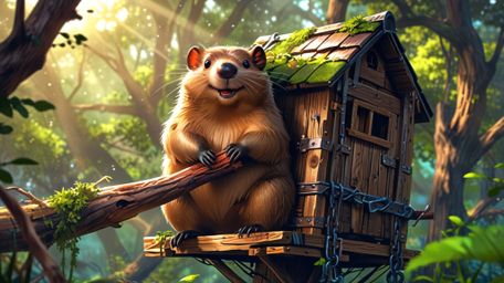 A high-resolution stock photo, blending the whimsical styles of Pixar and anime, captures a beaver sitting proudly with a ham