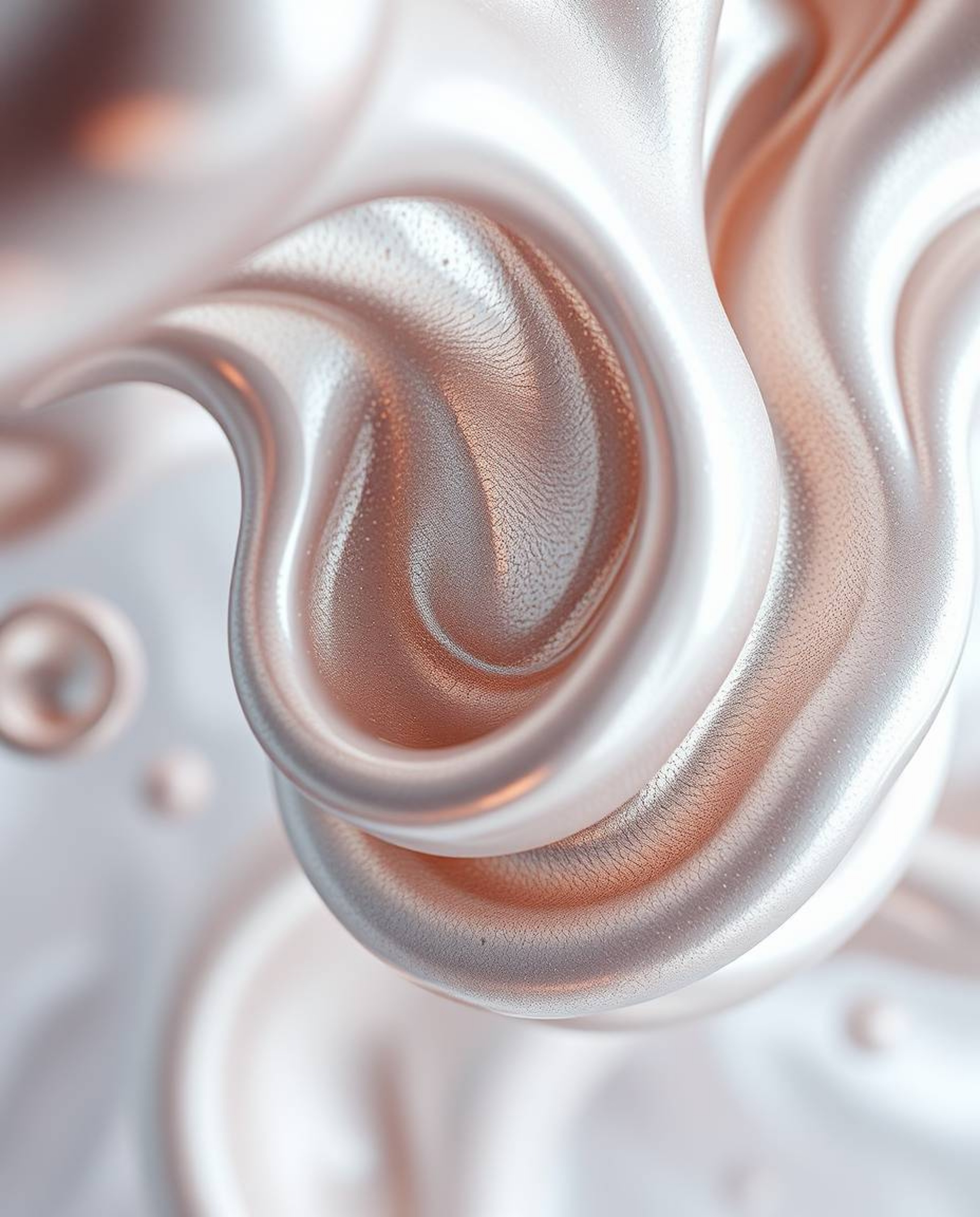 Explore the captivating world of extreme macro photography featuring smooth 3D fluid shapes with metallic textures, suspended