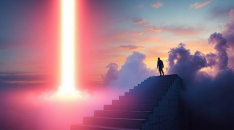 A lone figure ascends a weathered stone staircase, drawn towards a radiant beam of divine light piercing through a smoky suns