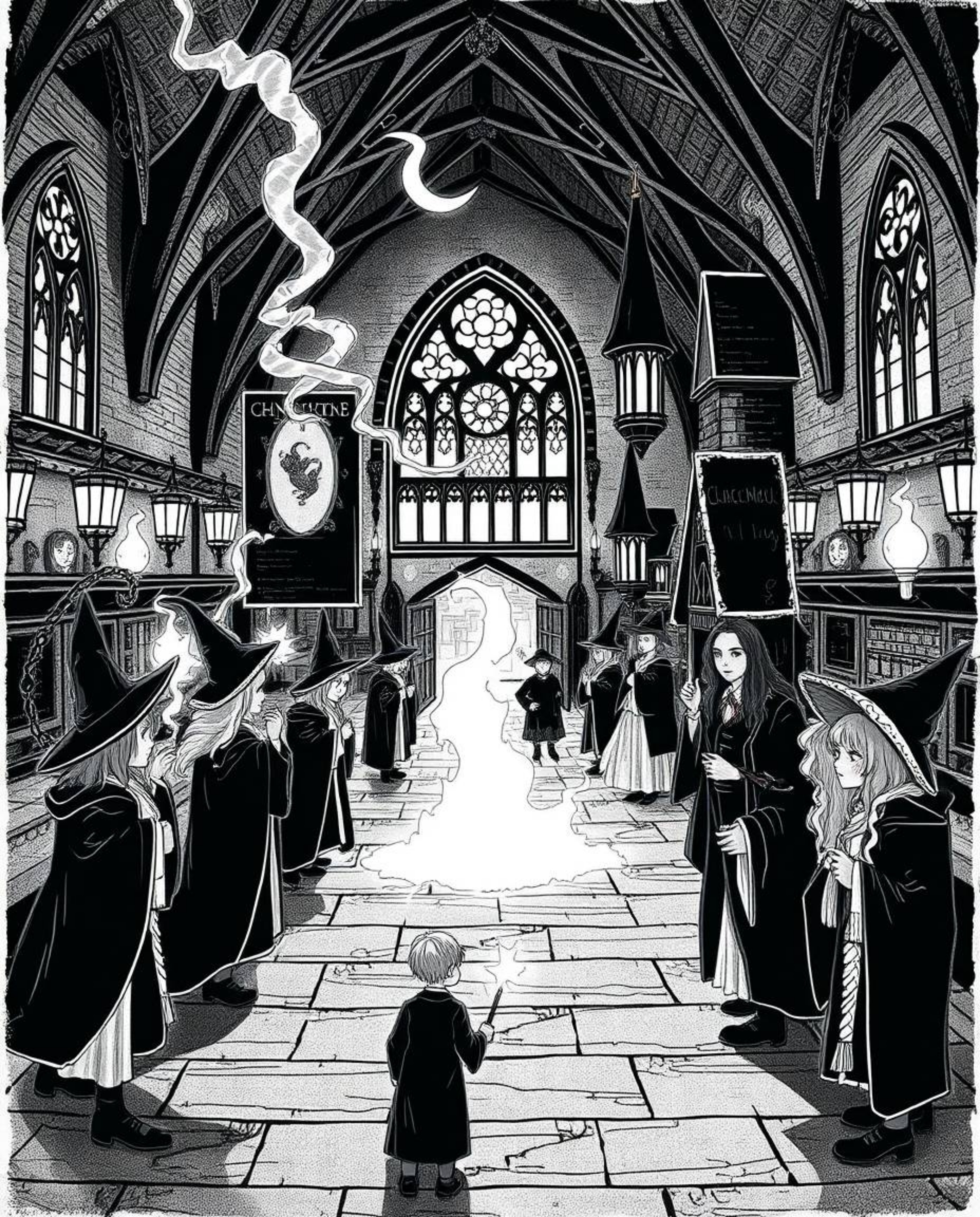 Explore a timeless black and white illustration of a magical school teeming with young wizards, capturing a mystic and enchan