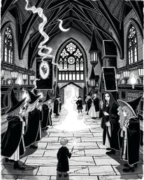 Explore a timeless black and white illustration of a magical school teeming with young wizards, capturing a mystic and enchan