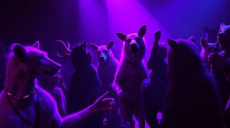 Experience an intense and exciting animal dance party brought to life through a dramatic digital painting. Bathed in vivid pu