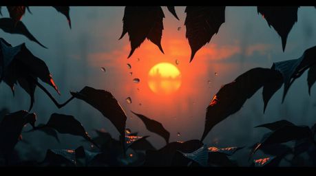 Immerse yourself in a dramatic cinematic digital painting featuring a sunset reflecting in raindrops on lush leaves. This epi
