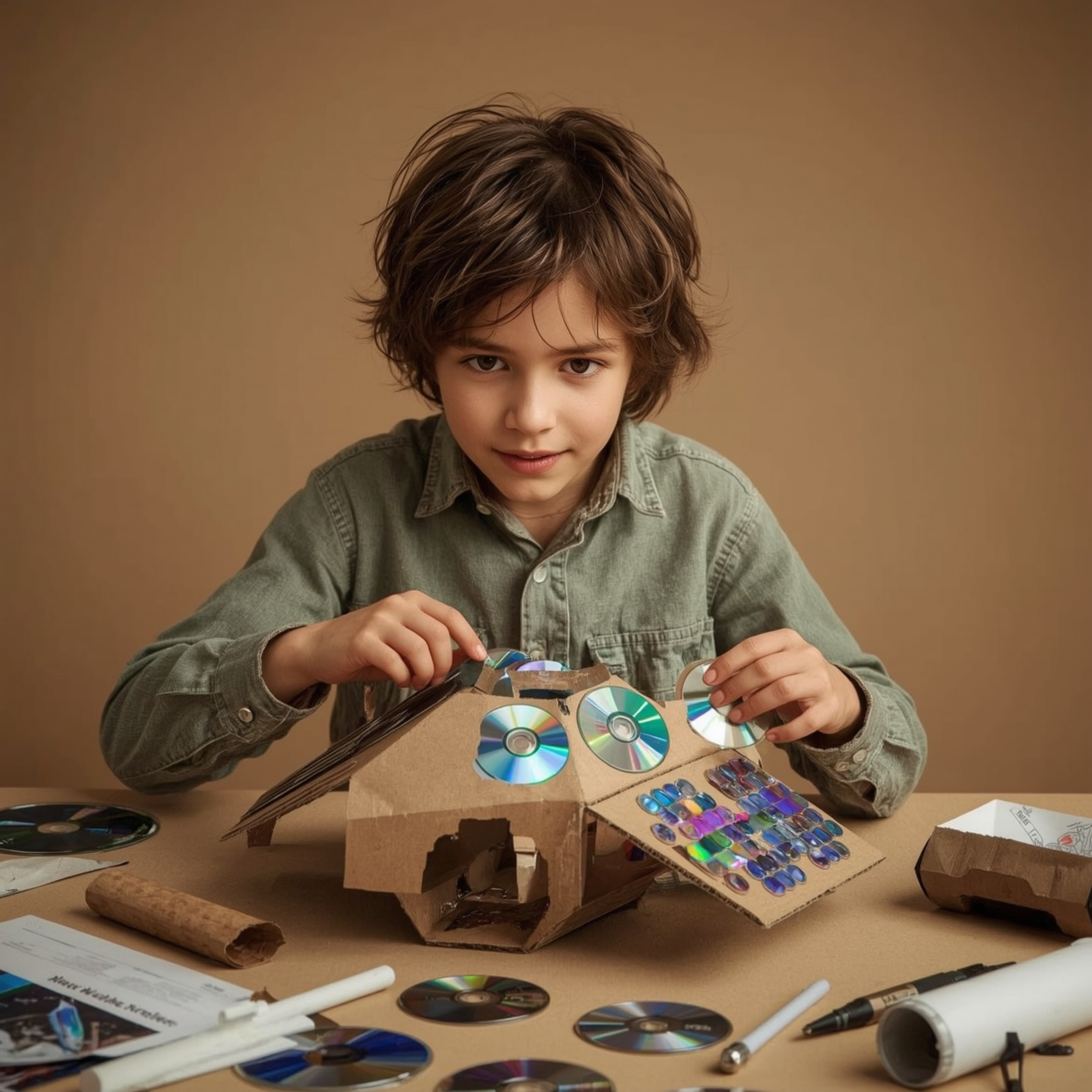 A vibrant Pixar-style photograph depicts a boy with curious eyes meticulously building a functional cardboard spaceship.  Sol