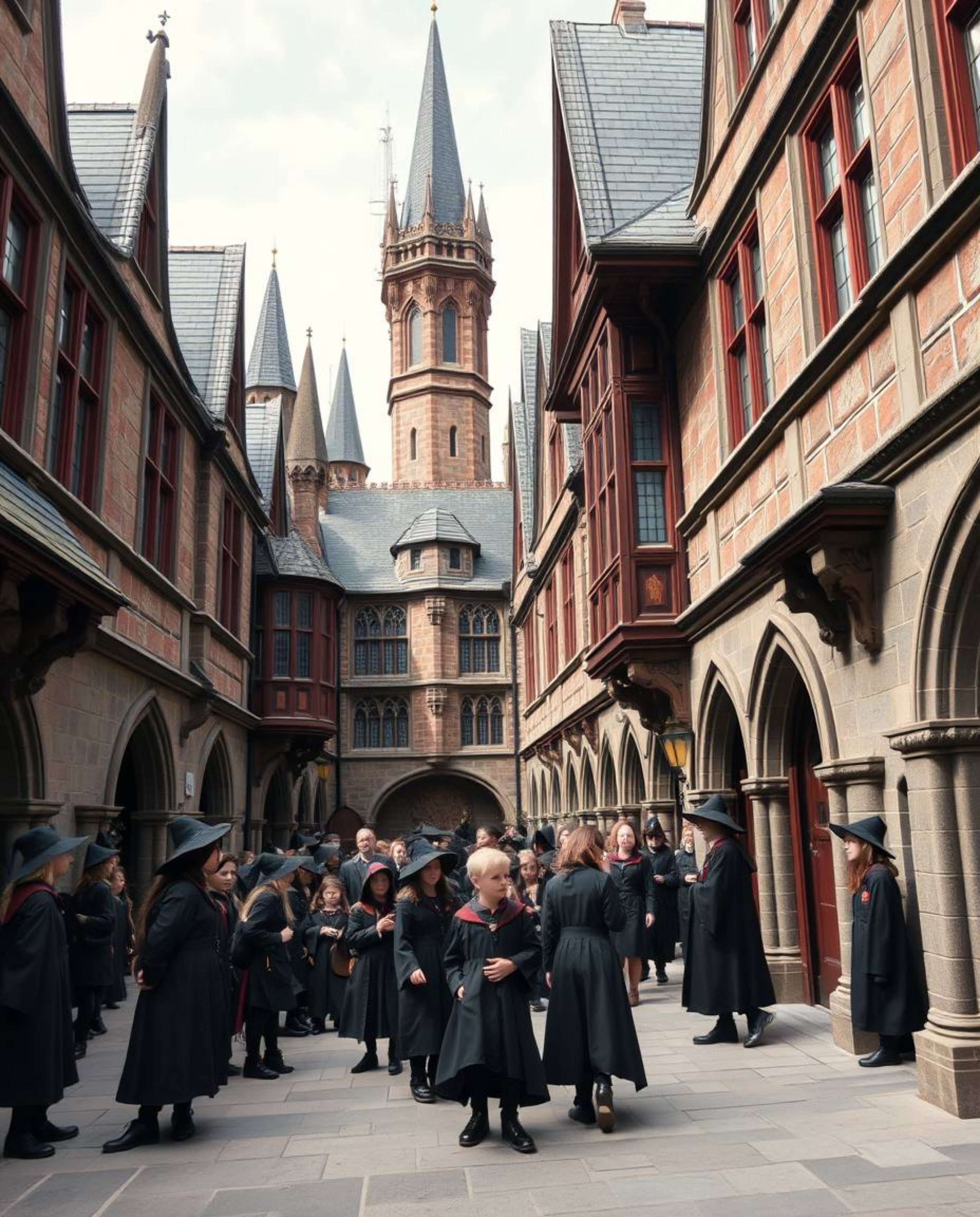 A captivating close-up architectural photograph showcases a magical school brimming with young wizards.  The image boasts sha