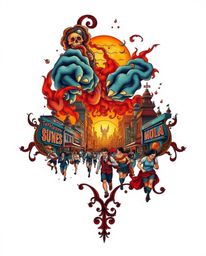 This striking art print captures a scene of dramatic chaos with a traditional tattoo art style. Bathed in the warm, golden li