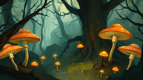 A captivating digital sketch of a vintage-style enchanted forest, presented from an aerial perspective. Loose, painterly stro