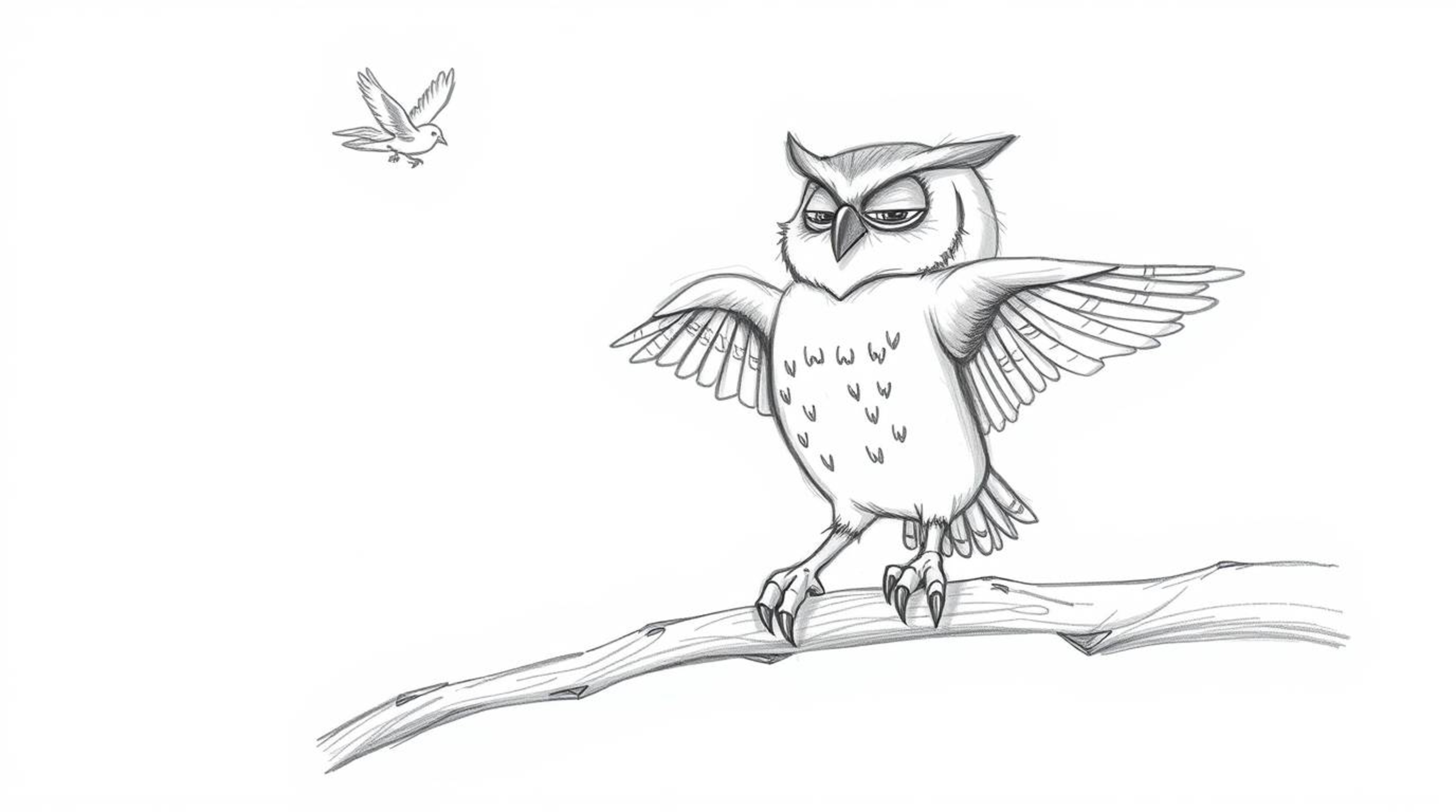 A hand-drawn sketch in Pixar style depicts a blind owl with smooth feathers and slightly oversized feet passionately teaching