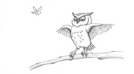 A hand-drawn sketch in Pixar style depicts a blind owl with smooth feathers and slightly oversized feet passionately teaching