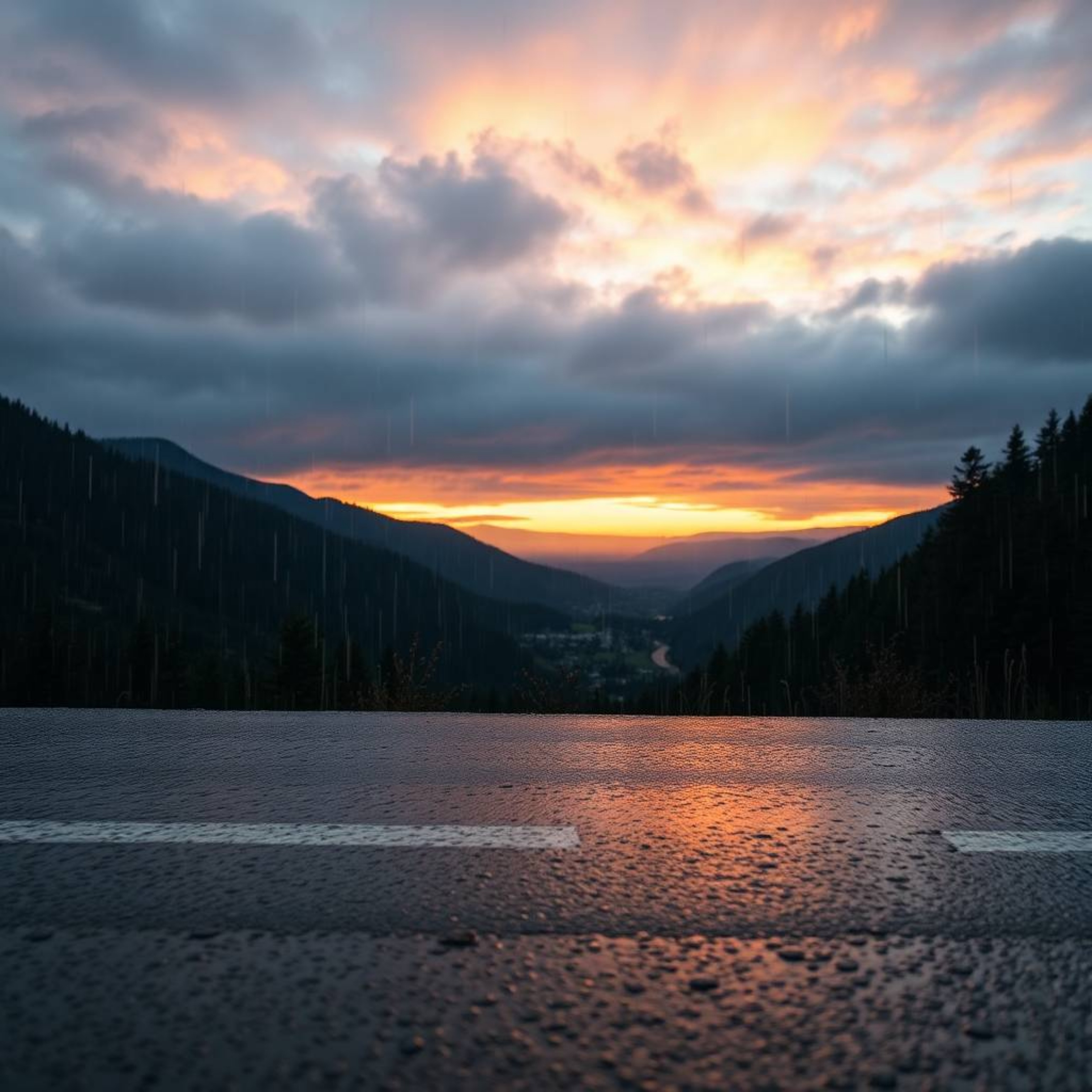 A high-angle photograph captures a serene yet melancholic scene of a rainy sunset over a tranquil mountain valley. Drizzling 