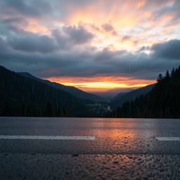 A high-angle photograph captures a serene yet melancholic scene of a rainy sunset over a tranquil mountain valley. Drizzling 