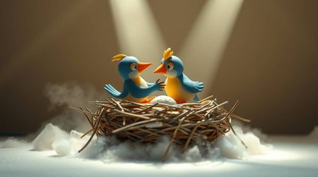 A charming illustration featuring two cartoon birds diligently building a nest, rendered in a unique layered papier-mâché sty