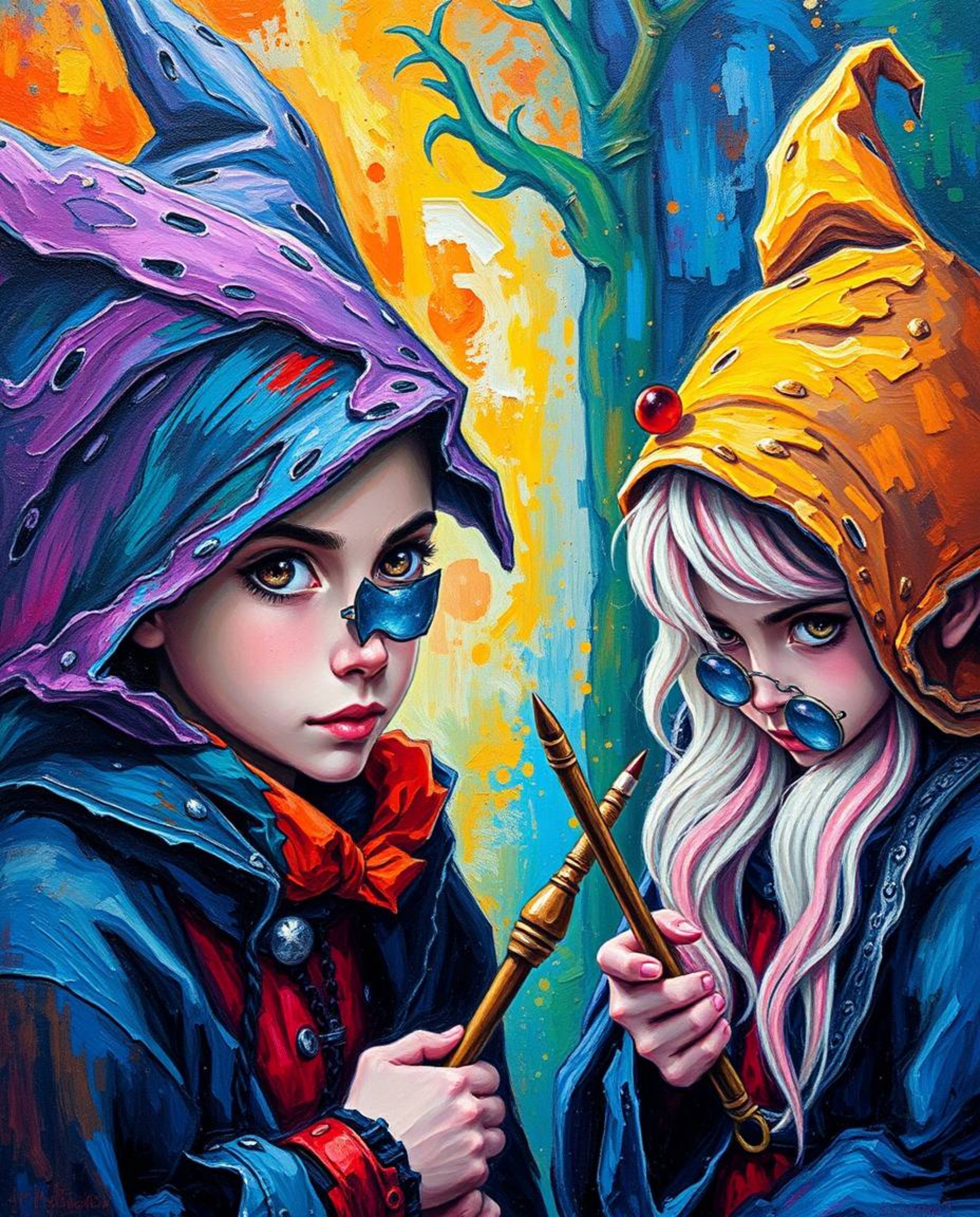 A captivating close-up acrylic painting showcases young wizards within a magical school setting. The detailed brushstrokes a