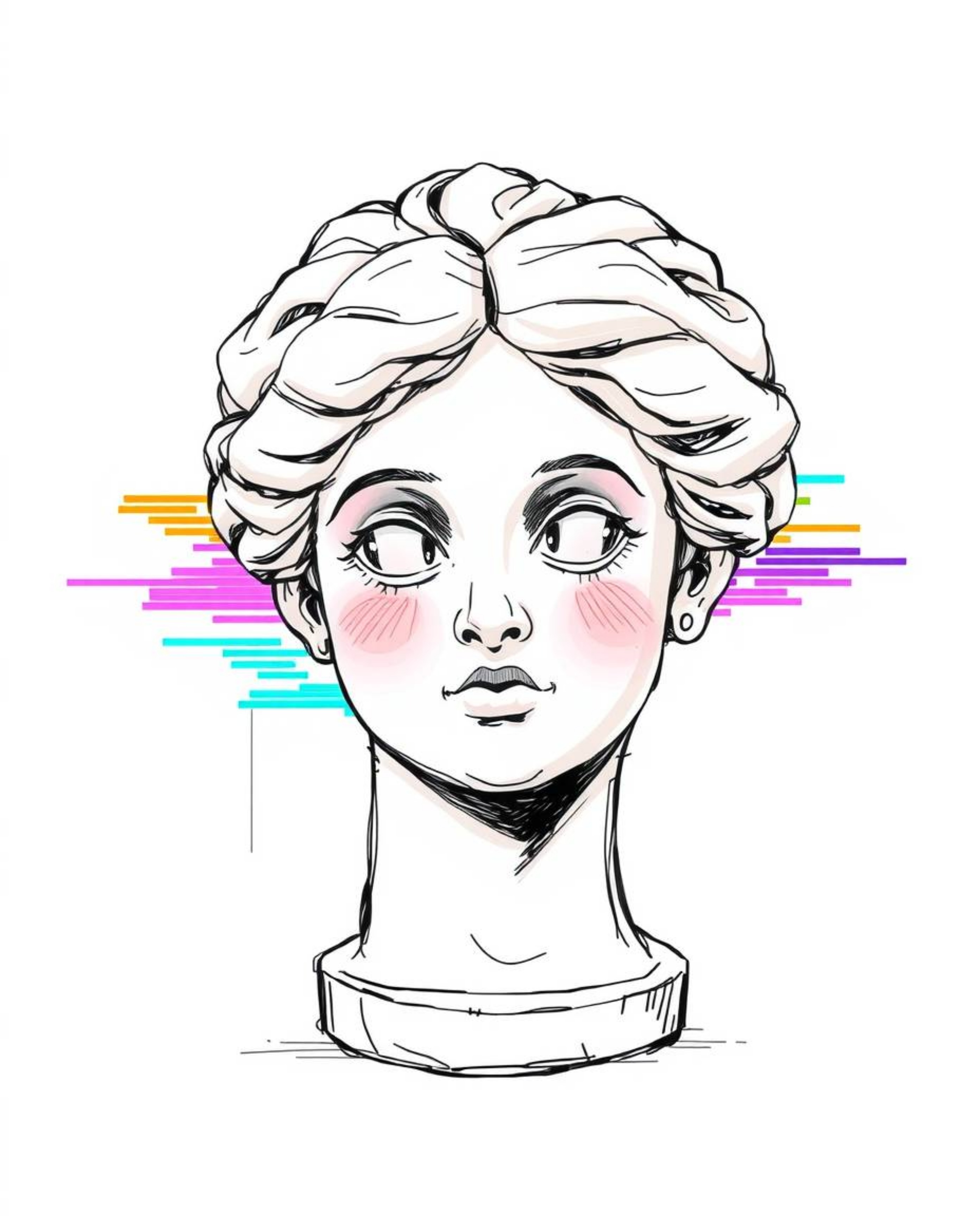 This artwork features an adorable, hand-drawn sketch of a classical sculpture brought to life with charming features. A capti
