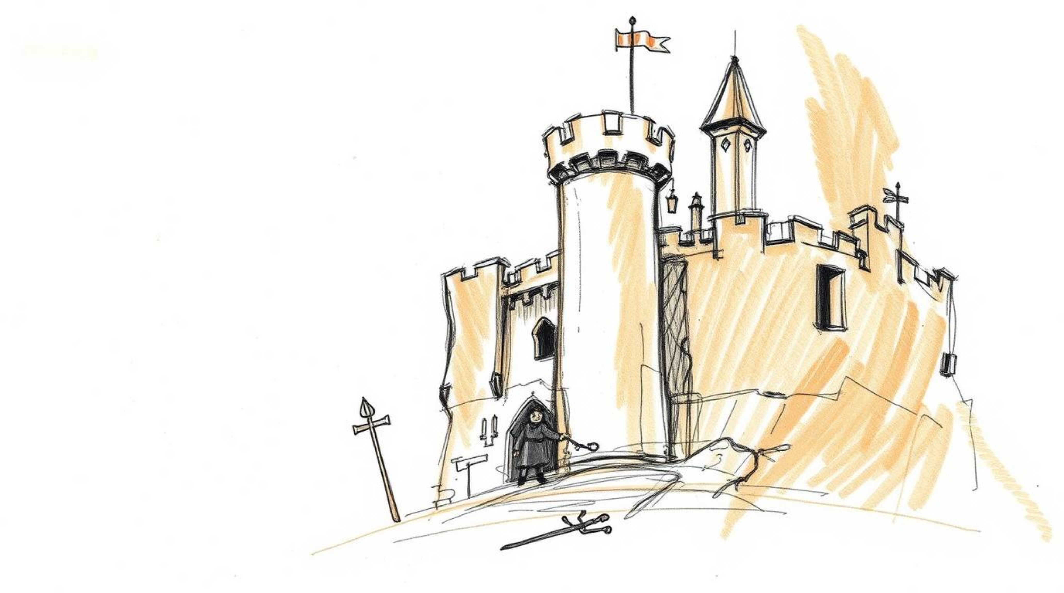 A hand-drawn thief, rendered in natural earth tones with rough pencil strokes on white, is attempting to infiltrate a heavily