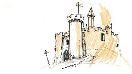 A hand-drawn thief, rendered in natural earth tones with rough pencil strokes on white, is attempting to infiltrate a heavily