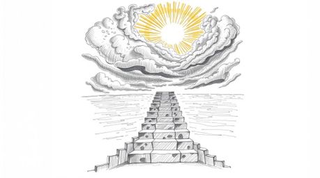 A hand-drawn sketch portrays a dramatic staircase ascending from the ocean towards a stormy sky, brilliantly lit by a sunburs