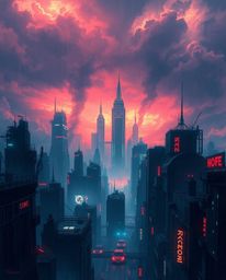 A captivating digital painting depicts a futuristic city consumed by glitches.  Flickering lights, shattered holograms, and a