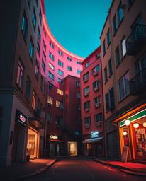 Explore a warm, slightly dark, and soft professional photography piece depicting a surreal street scene. Witness buildings fo