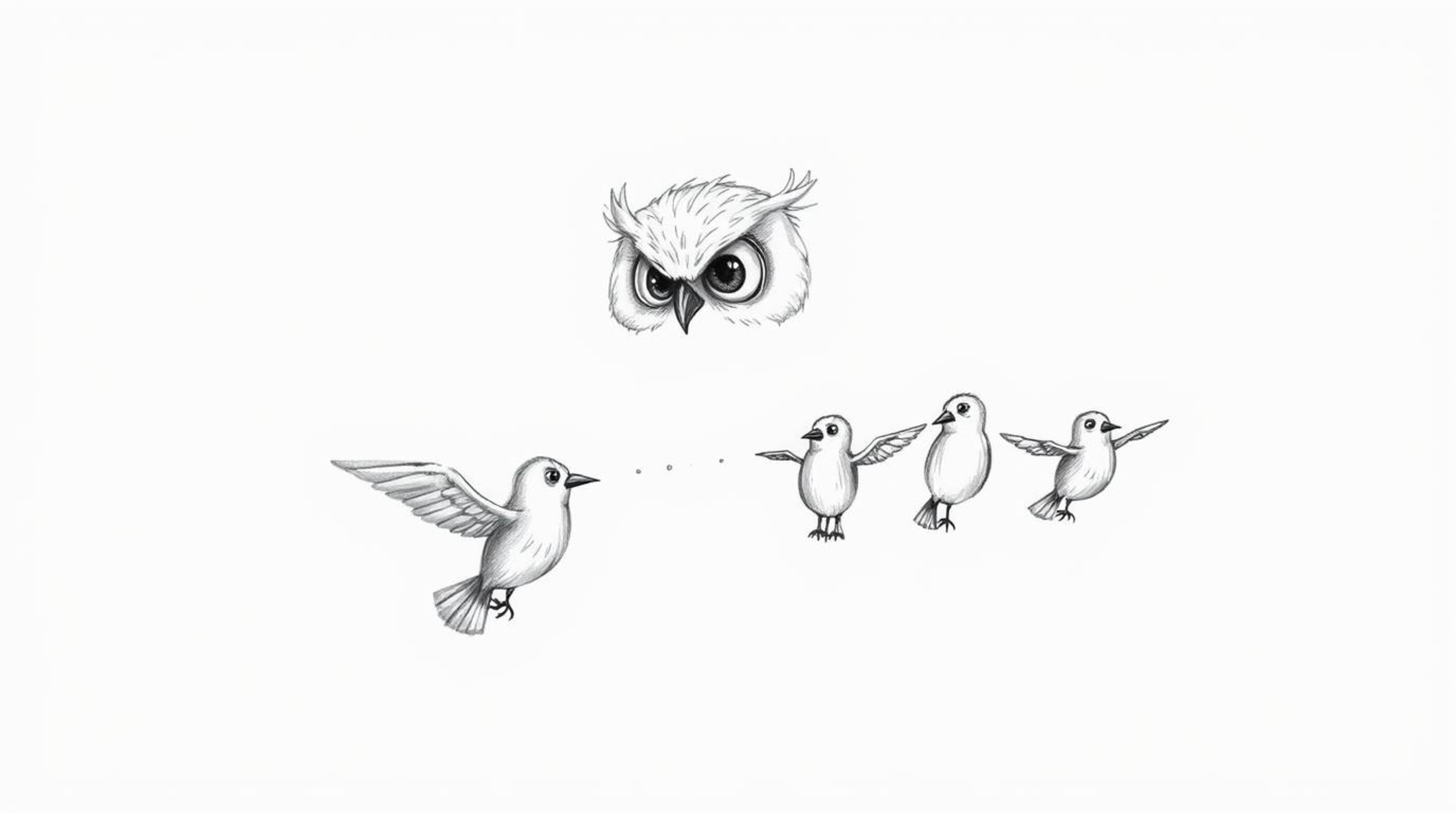 A heartwarming Pixar-style sketch depicts a blind owl with ruffled feathers gently guiding a small group of birds as they lea