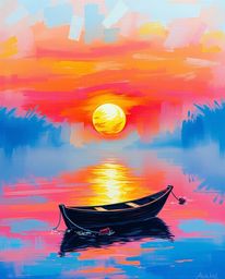 An acrylic painting captures a boat on a sunset lake, enveloped in a soft, cinematic haze. Vibrant colors are applied with te
