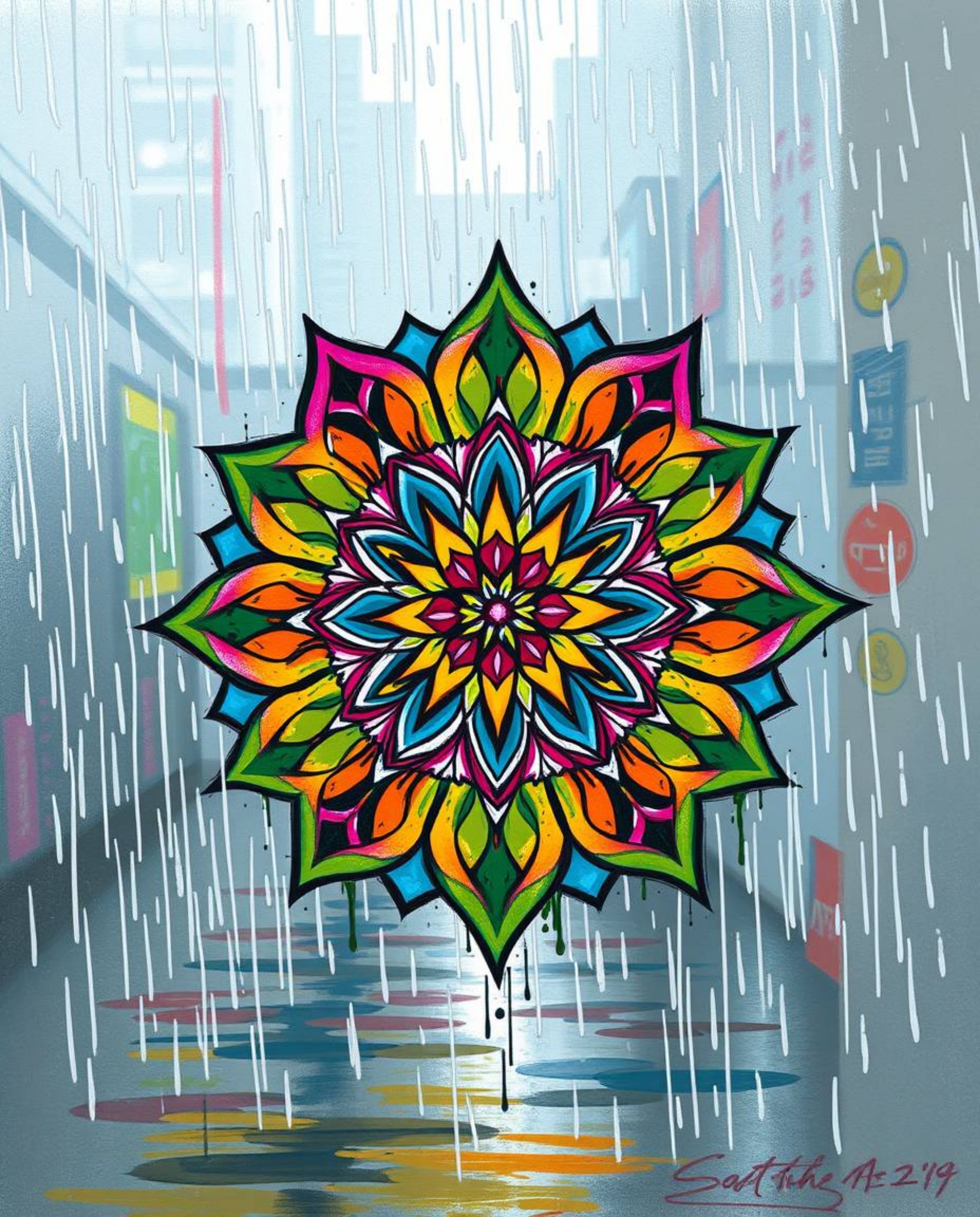 Discover a captivating digital sketch of a geometric floral mandala bathed in a rainy atmosphere.  This vibrant artwork featu