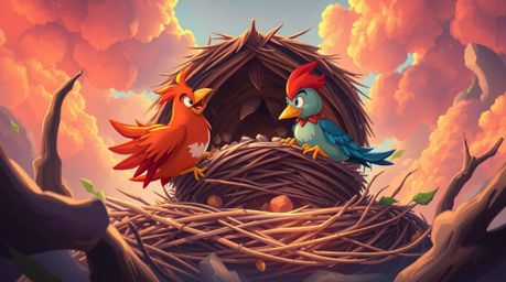A grand epic scene unfolds depicting two cartoon birds meticulously constructing their nest. Rendered in a classic animation