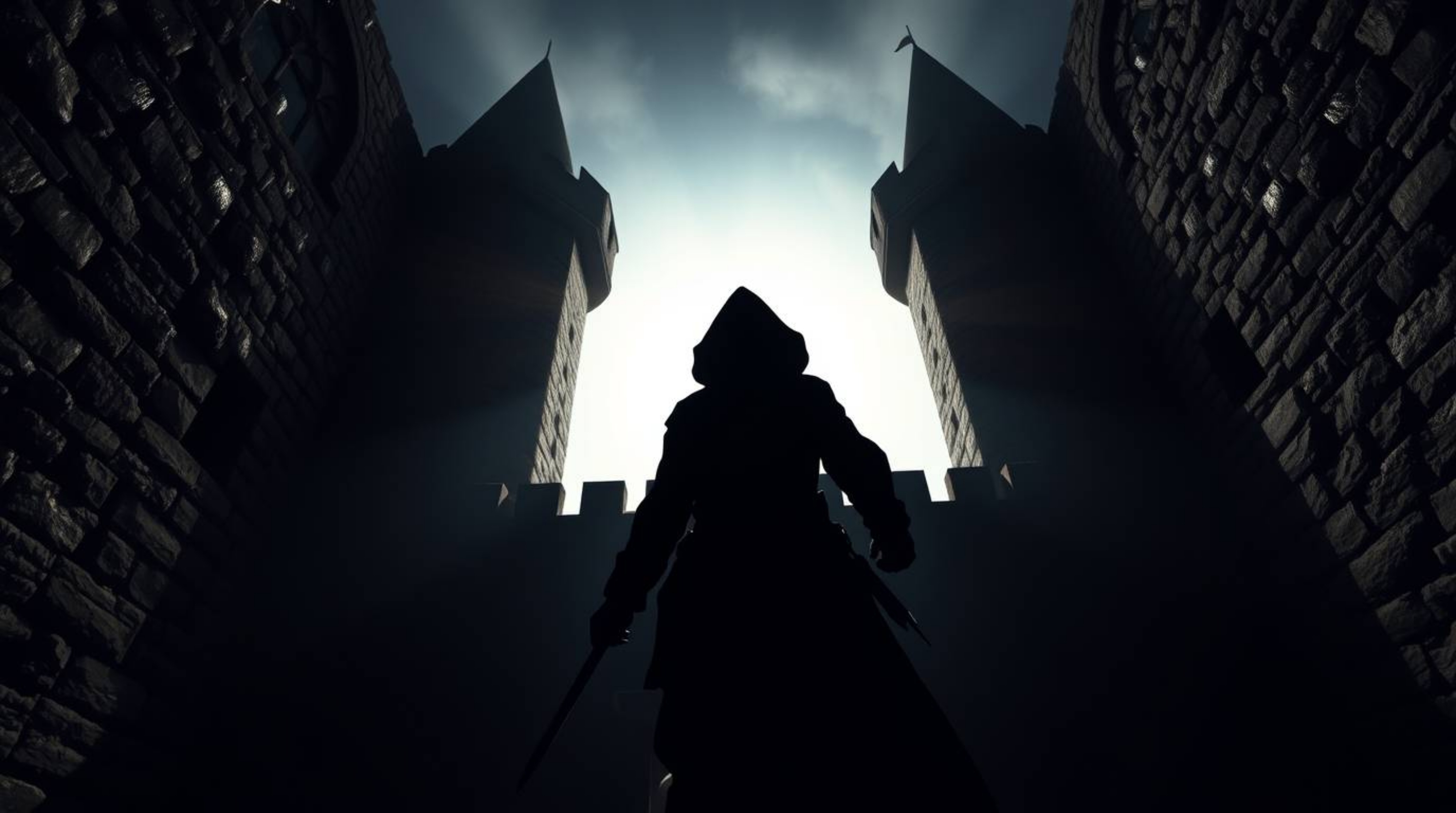 A captivating image depicting a thief's daring infiltration of a heavily guarded castle. Shot from a low angle, the thief's s