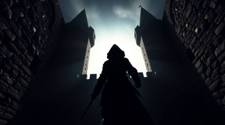 A captivating image depicting a thief's daring infiltration of a heavily guarded castle. Shot from a low angle, the thief's s