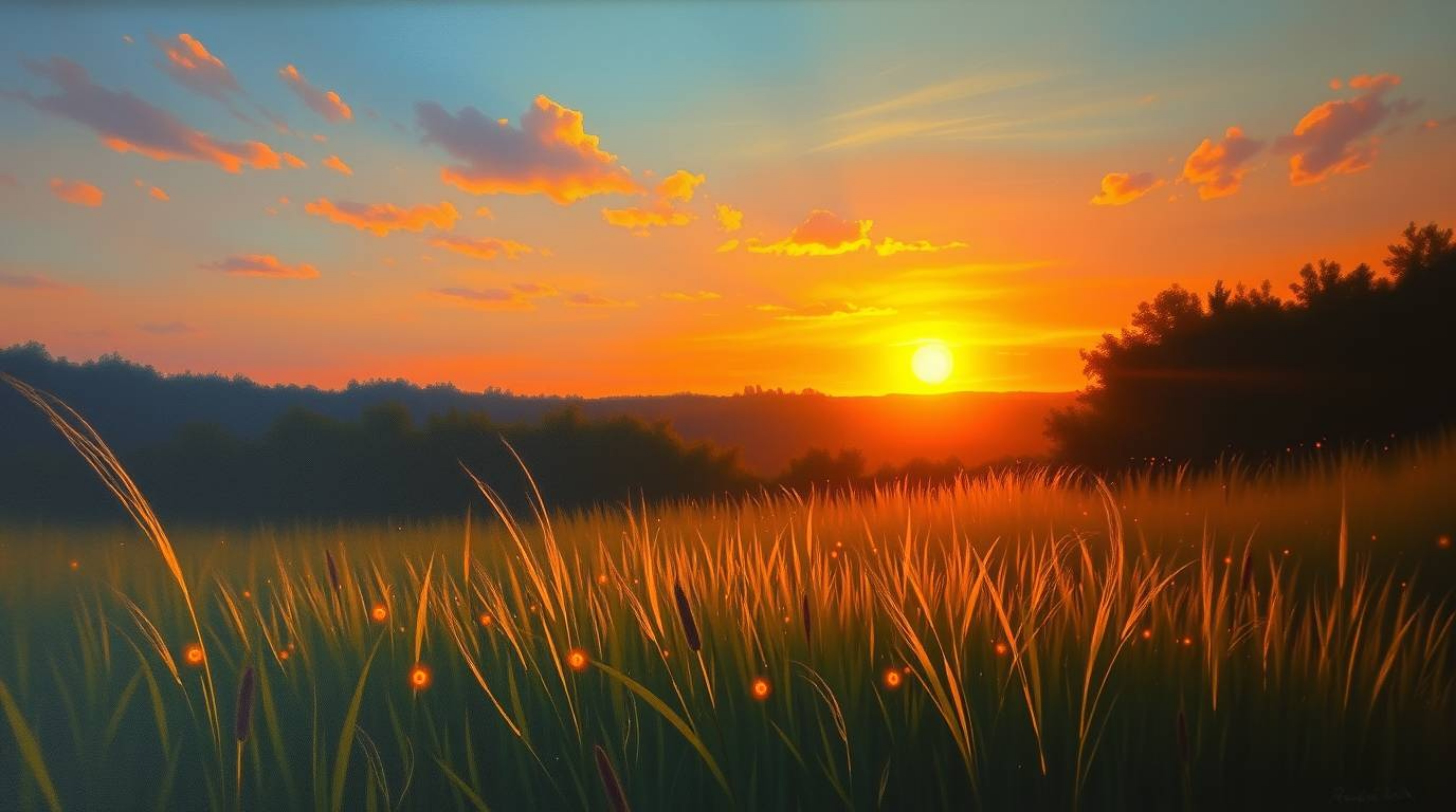 This painting captures a serene sunset over a quiet meadow, where fireflies begin to emerge, creating a magical and intimate