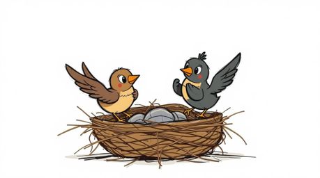A charming hand-drawn animation depicting two cartoon birds diligently constructing their nest.  Rendered in a strong, moody 